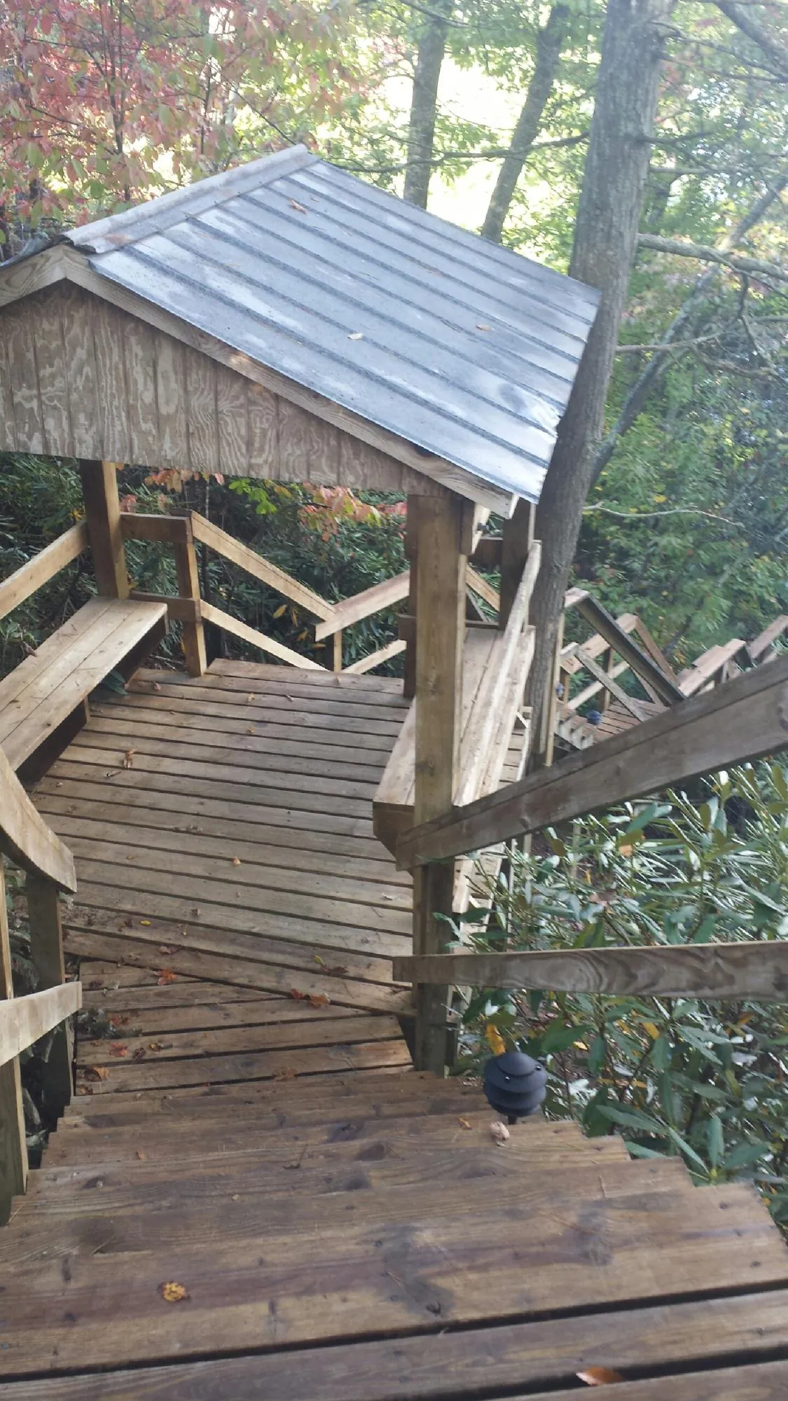 Metal roofed shelter over wooden steps on a wooded walkway — Skylight Repair & Installation work by our crew in Medinah